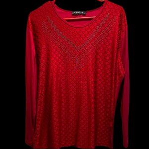 Regal red long-sleeved holiday shirt with rhinestones